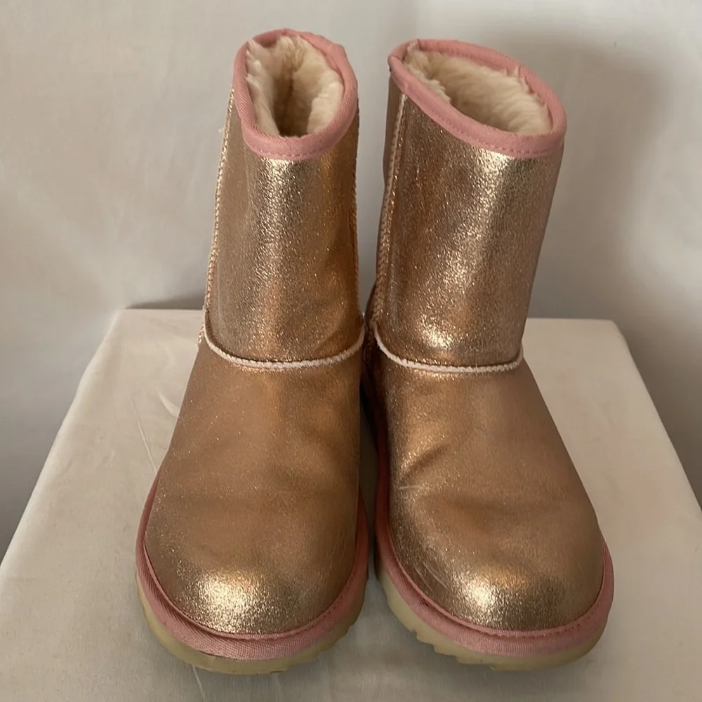 UGG boots size 6 metallic rose gold trimmed in pink with tan soles